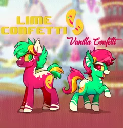 Size: 1800x1872 | Tagged: safe, artist:yojohcookie, derpibooru import, oc, oc:lime confetti, oc:vanilla confetti, unofficial characters only, pony, brother and sister, duo, female, green eyes, male, mare, pink hair, siblings, stallion