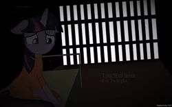 Size: 4701x2931 | Tagged: safe, artist:cloudyglow, artist:stephen-fisher, derpibooru import, twilight sparkle, pony, cell, clothes, crying, floppy ears, horn, horn cap, jail, magic suppression, prison, prison outfit, prisoner, prisoner ts, sad, solo