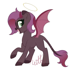 Size: 1000x950 | Tagged: safe, artist:lullabyprince, artist:palerose522, derpibooru import, oc, oc:dark gem, unofficial characters only, angel pony, demon, demon pony, hybrid, original species, pony, angel, bat wings, female, halo, mare, open mouth, parent:oc:feathered soul, parent:oc:midnight star, parents:oc x oc, raised hoof, signature, simple background, solo, transparent background, wings