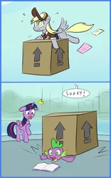 Size: 1000x1600 | Tagged: safe, artist:mew-me, derpibooru import, derpy hooves, spike, twilight sparkle, twilight sparkle (alicorn), alicorn, dragon, pegasus, pony, the point of no return, 2 panel comic, abuse, book, box, comic, dialogue, floppy ears, letter, no pupils, open mouth, package, speech bubble, spikeabuse, squished