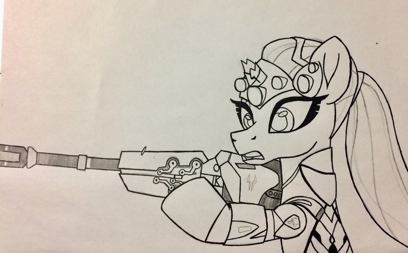 Size: 3151x1957 | Tagged: artist:ejlightning007arts, broken horn, crossover, derpibooru import, gun, hand drawing, horn, open mouth, overwatch, ponytail, rifle, safe, sniper rifle, tempest shadow, traditional art, weapon, widowmaker, widowtempest