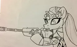 Size: 3151x1957 | Tagged: artist:ejlightning007arts, broken horn, crossover, derpibooru import, gun, hand drawing, horn, open mouth, overwatch, ponytail, rifle, safe, sniper rifle, tempest shadow, traditional art, weapon, widowmaker, widowtempest