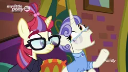 Size: 1920x1080 | Tagged: safe, derpibooru import, screencap, first folio, moondancer, pony, unicorn, the point of no return, cushion, duo, glasses, open mouth, the tasty treat