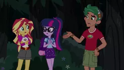 Size: 1280x720 | Tagged: safe, derpibooru import, screencap, sci-twi, sunset shimmer, timber spruce, twilight sparkle, equestria girls, legend of everfree, arms, camp everfree logo, camp everfree outfits, clothes, crossed arms, female, glasses, legs, male, ponytail, shorts