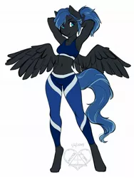 Size: 1437x1915 | Tagged: abs, anthro, anthro oc, arm behind head, armpits, artist:kittydee, breasts, clothes, curvy, derpibooru import, female, fit, leggings, looking at you, mare, midriff, oc, oc:midnight light, pants, pegasus, ponytail, simple background, skintight clothes, solo, sports bra, spread wings, suggestive, unguligrade anthro, unofficial characters only, white background, wings