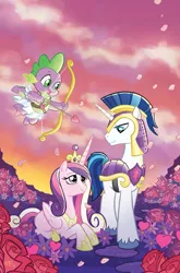 Size: 755x1147 | Tagged: safe, artist:tonyfleecs, derpibooru import, idw, princess cadance, shining armor, spike, alicorn, dragon, unicorn, spoiler:comic, spoiler:comic11, spoiler:comic12, armor, arrow, bow (weapon), claws, colored hooves, comic, comic cover, crown, cupid, female, flower, flying, helmet, hooves, jewelry, male, mare, regalia, rose, royal guard armor, shiningcadance, shipping, smiling, stallion, straight, tail, unshorn fetlocks