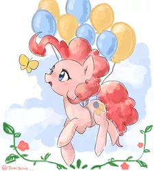 Size: 1181x1310 | Tagged: safe, artist:tomitake, derpibooru import, pinkie pie, butterfly, earth pony, pony, balloon, cute, diapinkes, female, floating, flower, mare, solo, then watch her balloons lift her up to the sky