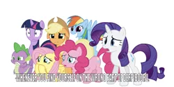 Size: 750x379 | Tagged: safe, derpibooru import, edit, editor:undeadponysoldier, screencap, applejack, fluttershy, pinkie pie, rainbow dash, rarity, spike, twilight sparkle, dragon, earth pony, pegasus, pony, unicorn, derpibooru, disturbed, female, male, mane seven, mane six, mare, meme, meta, one of these things is not like the others, smiling