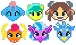 Size: 1139x680 | Tagged: safe, artist:dreamvirusomega, derpibooru import, gallus, ocellus, sandbar, silverstream, smolder, yona, changedling, changeling, dragon, earth pony, gryphon, hippogriff, pony, yak, pixel art, simple background, sprite, student six, transparent background