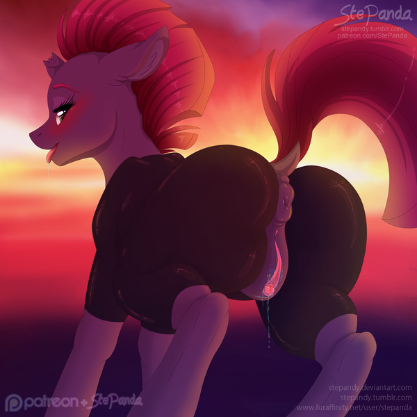 Size: 5500x5500 | Tagged: explicit, alternate version, artist:stepandy, derpibooru import, tempest shadow, pony, unicorn, absurd resolution, anatomically incorrect, anus, blushing, bodysuit, broken horn, butt, clitoris, clothes, dock, drool, drool string, ear fluff, female, floppy ears, horn, looking at you, looking back, looking back at you, mare, nudity, patreon, patreon logo, plot, ponut, solo, solo female, tempass, the ass was fat, tongue out, vaginal secretions, vaginal secretions trail, vulva, vulvar winking