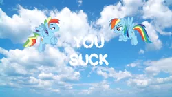 Size: 852x480 | Tagged: safe, artist:frownfactory, artist:trotsworth, derpibooru import, rainbow dash, pony, cloud, cloud words, crossed arms, dashblitz, female, irl, looking at words, male, photo, ponies in real life, rainbow blitz, rule 63, self ponidox, selfcest, shipping, straight, unamused, vector, you suck