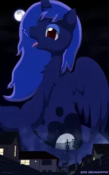 Size: 2500x4000 | Tagged: safe, artist:rockfannel, derpibooru import, princess luna, alicorn, pony, building, full moon, giant pony, house, macro, moon, neighborhood, night, open mouth, tail, tongue out