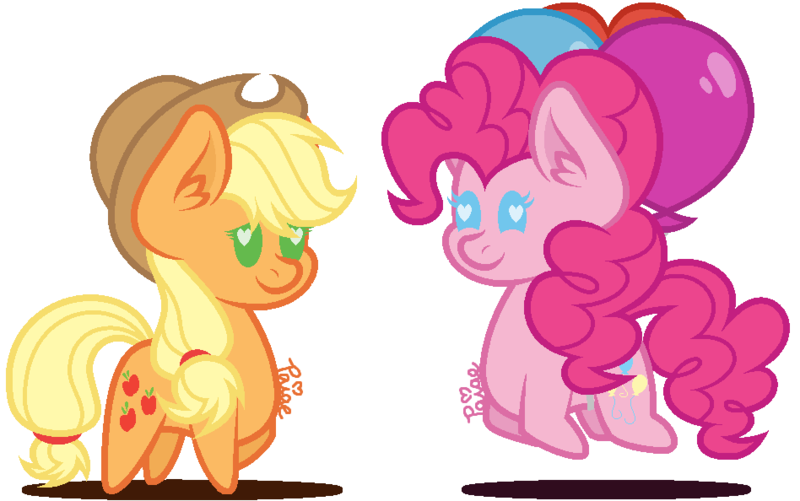 Size: 948x594 | Tagged: safe, artist:catalie21, derpibooru import, applejack, pinkie pie, earth pony, pony, balloon, chibi, cute, diapinkes, duo, ear fluff, female, floating, heart, heart eyes, jackabetes, mare, shadow, simple background, smiling, then watch her balloons lift her up to the sky, white background, wingding eyes
