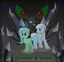 Size: 900x873 | Tagged: safe, artist:dolenore, derpibooru import, oc, oc:carina, oc:double time, oc:warden, unofficial characters only, changeling, crystal pony, pony, fanfic, fanfic:crystals & chitin, black crystal, fanfic art, fanfic cover, female, mare, spear, weapon