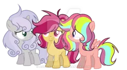 Size: 600x332 | Tagged: safe, artist:thesmall-artist, derpibooru import, oc, unofficial characters only, earth pony, pegasus, pony, unicorn, deviantart watermark, female, filly, obtrusive watermark, offspring, parent:apple bloom, parent:chipcutter, parent:rainbow harmony, parent:scootaloo, parent:tender taps, parents:chipbelle, parents:tenderbloom, simple background, transparent background, watermark