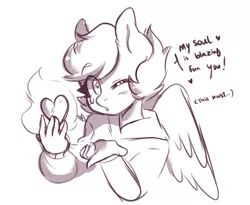 Size: 1593x1308 | Tagged: anthro, artist:oranjicake, black and white, blowing a kiss, crossover, derpibooru import, female, fire, grayscale, heart, looking at you, monochrome, one eye closed, pegasus, safe, scootaloo, scootaloo loves sans, simple background, solo, speech bubble, sweatshirt, undertale, white background, wink