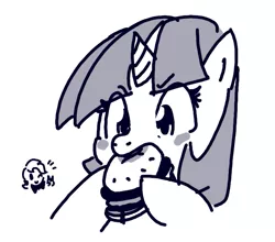 Size: 677x597 | Tagged: safe, artist:fipoki, derpibooru import, twilight sparkle, pony, black and white, blush sticker, blushing, burger, cute, eating, eye clipping through hair, eyebrows visible through hair, female, food, grayscale, mare, monochrome, nom, simple background, solo, twiabetes, twilight burgkle, white background
