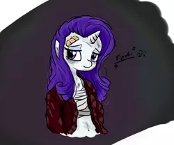 Size: 600x500 | Tagged: safe, artist:fipoki, derpibooru import, rarity, anthro, unicorn, abstract background, bags under eyes, bandage, bandaid, bandeau, bruised, clothes, female, jacket, lidded eyes, messy mane, midriff, post-apocalyptic, solo