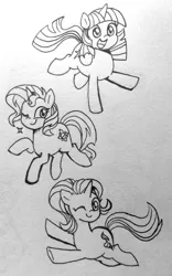 Size: 1196x1920 | Tagged: safe, artist:ch-chau, derpibooru import, starlight glimmer, sunset shimmer, twilight sparkle, twilight sparkle (alicorn), alicorn, pony, unicorn, happy, lineart, one eye closed, smiling, traditional art, wink