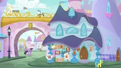 Size: 1920x1080 | Tagged: safe, derpibooru import, screencap, fancypants, lemon hearts, north point, peanut pastry, salmon skies, spike, twilight sparkle, twilight sparkle (alicorn), alicorn, dragon, pony, unicorn, the point of no return, background pony, bridge, canterlot, female, house, male, mare, stallion, winged spike