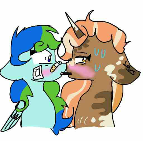 Size: 759x752 | Tagged: safe, anonymous artist, derpibooru import, oc, oc:earth, oc:spotty lionmane, unofficial characters only, pegasus, pony, unicorn, bandaid, blushing, female, food, half body, horn, leonine tail, lesbian, looking away, mare, pocky, sharing, sharing food, shipping, shocked expression, spotearth, spots, sweat, two toned mane