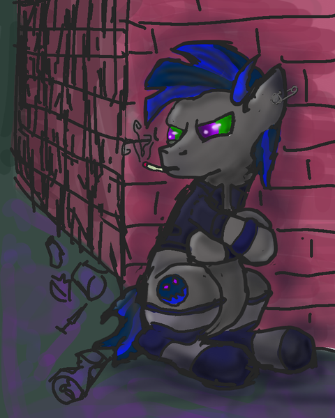 Size: 790x988 | Tagged: safe, artist:torpy-ponius, derpibooru import, oc, oc:hey ladies, oc:raddo, pony, black, blue, brick, cigarette, drugs, fatthor, goth, gray, ground, marijuana, punk, smoking