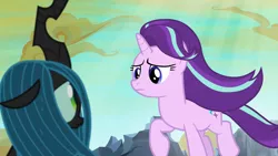 Size: 1280x720 | Tagged: safe, derpibooru import, screencap, queen chrysalis, starlight glimmer, changeling, changeling queen, pony, unicorn, to where and back again, changeling hive, cloud, duo, female, mare, ruins, sunlight, windswept mane