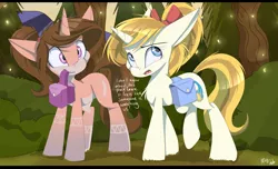 Size: 6500x3943 | Tagged: safe, artist:mistydash, derpibooru import, oc, oc:grace fairweather, oc:misty dash, unofficial characters only, pony, unicorn, bag, bow, bush, chest fluff, dialogue, female, forest, hair bow, hairband, leaning on the fourth wall, mare, mouth hold, saddle bag, tree