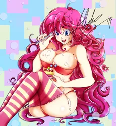 Size: 1280x1392 | Tagged: artist:albablue777, bra, breasts, cake, clothes, derpibooru import, female, food, fork, human, humanized, nail polish, panties, pinkie pie, socks, solo, solo female, stockings, striped socks, suggestive, thigh highs, thong, underwear