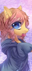 Size: 585x1280 | Tagged: safe, artist:swaybat, derpibooru import, oc, unofficial characters only, pony, candy, clothes, ear piercing, eating, eye clipping through hair, female, food, hoodie, hoof hold, lollipop, looking at you, mare, not fluttershy, piercing, solo