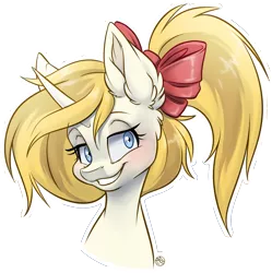 Size: 1607x1615 | Tagged: safe, artist:kez, derpibooru import, oc, oc:misty dash, unofficial characters only, pony, unicorn, bow, bust, ear fluff, female, hair bow, mare, ponytail, simple background, smiling, solo, transparent background