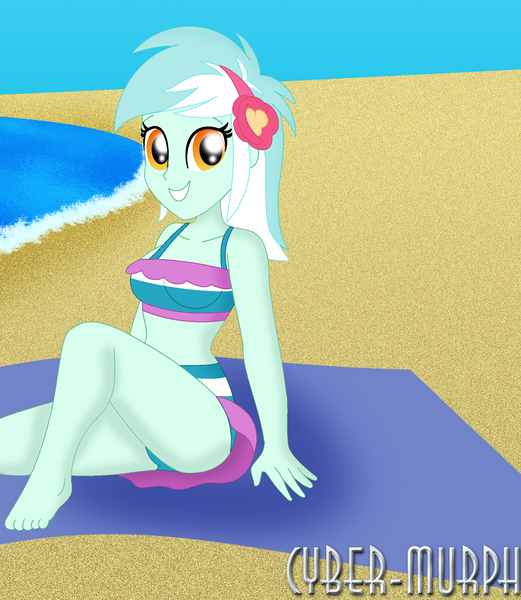 Size: 1800x2072 | Tagged: safe, artist:cyber-murph, derpibooru import, lyra heartstrings, equestria girls, equestria girls series, belly, bikini, clothes, cute, feet, midriff, ocean, signature, sitting, sunbathing, swimsuit