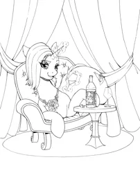 Size: 3297x4082 | Tagged: safe, artist:longinius, derpibooru import, oc, oc:rose petal, unofficial characters only, pony, unicorn, alcohol, black and white, couch, curtains, ear fluff, female, glass, grayscale, jewelry, levitation, lidded eyes, lineart, looking at you, lounging, magic, mare, monochrome, necklace, open mouth, pearl necklace, pendant, solo, telekinesis, wine, wine bottle, wine glass