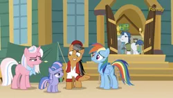 Size: 1334x750 | Tagged: safe, derpibooru import, screencap, clear sky, quibble pants, rainbow dash, wind sprint, earth pony, pegasus, pony, unicorn, common ground, clothes, female, filly, foal, freckles, male, mare, neckerchief, shirt, stallion