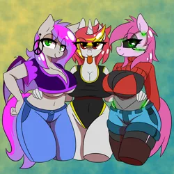 Size: 5080x5080 | Tagged: suggestive, artist:niggerdrawfag, derpibooru import, oc, oc:lazy sunday, oc:vivi, oc:windseeker, anthro, bat pony, pony, robot, robot pony, big breasts, breasts, clothes, commission, female, gynoid, smiling, tongue out, trio, trio female, underboob