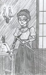 Size: 768x1256 | Tagged: safe, artist:newman134, derpibooru import, oc, oc:t square, human, equestria girls, architect, clothes, draftswoman, dress, monochrome, oc living in a different time period, redesign, redraw, redrawn, victorian