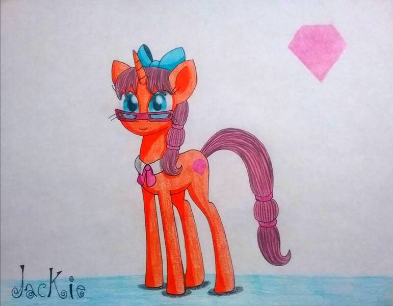 Size: 1139x886 | Tagged: safe, artist:dialysis2day, derpibooru import, oc, oc:jackie, pony, unicorn, bow, female, glasses, hair bow, mare, necktie, solo, traditional art