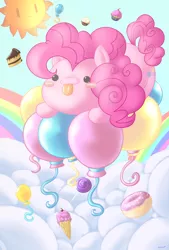Size: 2708x4000 | Tagged: safe, artist:darkmagician1212, artist:iliekbuttz, derpibooru import, pinkie pie, pony, :p, balloon, blush sticker, blushing, candy, chibi, cute, diapinkes, donut, floating, food, ice cream, lollipop, solo, sun, then watch her balloons lift her up to the sky, tongue out