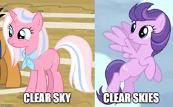 Size: 751x466 | Tagged: safe, derpibooru import, edit, edited screencap, screencap, clear skies, clear sky, pegasus, pony, unicorn, common ground, tanks for the memories, bandana, caption, comparison, cropped, female, flying, image macro, know the difference, mare, neckerchief, solo, solo focus, text