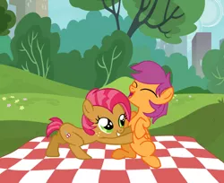 Size: 1024x837 | Tagged: safe, artist:turnaboutart, derpibooru import, babs seed, scootaloo, earth pony, pegasus, pony, babscoot, colt, eyes closed, female, filly, freckles, half r63 shipping, laughing, lesbian, male, manehattan, picnic blanket, rule 63, scooteroll, shipping, skateseed, straight, tickling