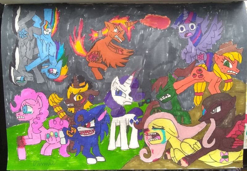 Size: 1024x710 | Tagged: semi-grimdark, artist:tobiisabunny, derpibooru import, applejack, fluttershy, pinkie pie, rainbow dash, rarity, twilight sparkle, twilight sparkle (alicorn), oc, oc:bitter rot, oc:daybreak flare, oc:havoc fury, oc:lack luster, oc:monochrome frost, oc:moonlight blues, alicorn, pony, battlefield, blood, cozy glow is not amused, cozy glow/monochrome frost, crying, enmity, mane six, opposite of generosity, opposite of laughter, opposite of loyalty, opposite of magic, psycho rangers, the marevolent six, the power of hate, traditional art