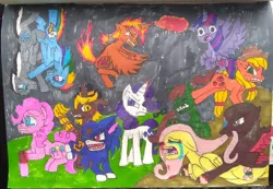 Size: 1024x710 | Tagged: semi-grimdark, artist:tobiisabunny, derpibooru import, applejack, fluttershy, pinkie pie, rainbow dash, rarity, twilight sparkle, twilight sparkle (alicorn), oc, oc:bitter rot, oc:daybreak flare, oc:havoc fury, oc:lack luster, oc:monochrome frost, oc:moonlight blues, alicorn, pony, battlefield, blood, cozy glow is not amused, cozy glow/monochrome frost, crying, enmity, mane six, opposite of generosity, opposite of laughter, opposite of loyalty, opposite of magic, psycho rangers, the marevolent six, the power of hate, traditional art