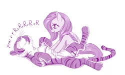 Size: 1280x775 | Tagged: safe, artist:dstears, derpibooru import, fluttershy, big cat, pegasus, pony, tiger, bellyrubs, cute, female, mare, monochrome, onomatopoeia, pale belly, purring, shyabetes, simple background, white background, wholesome