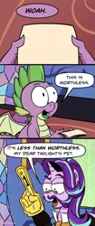 Size: 923x2190 | Tagged: safe, artist:pony-berserker, derpibooru import, spike, starlight glimmer, dragon, pony, unicorn, comic, duo, exploitable meme, facial hair, female, foam finger, glasses, gravity falls, male, mare, meme, meme template, moustache, number one, pince-nez, sideburns, speech bubble, this is worthless, winged spike