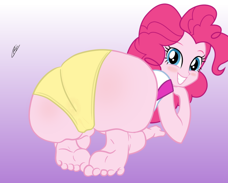 Size: 5400x4344 | Tagged: questionable, artist:theborman06, derpibooru import, pinkie pie, equestria girls, anus cameltoe, ass, balloonbutt, barefoot, blushing, butt, cameltoe, clothes, feet, female, grin, looking at you, looking back, looking back at you, no pants, panties, show accurate, smiling, solo, solo female, underwear, yellow underwear