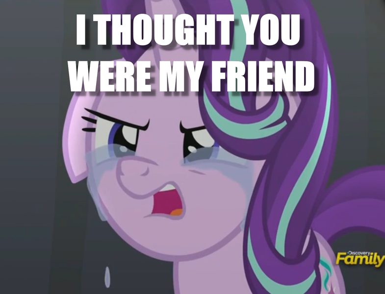 Size: 1809x1383 | Tagged: safe, derpibooru import, edit, edited screencap, screencap, starlight glimmer, pony, unicorn, no second prances, betrayal, caption, cropped, crying, discovery family logo, floppy ears, image macro, solo, text