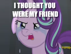 Size: 1809x1383 | Tagged: safe, derpibooru import, edit, edited screencap, screencap, starlight glimmer, pony, unicorn, no second prances, betrayal, caption, cropped, crying, discovery family logo, floppy ears, image macro, solo, text