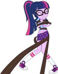 Size: 3000x3822 | Tagged: suggestive, artist:daarkenn, artist:uponia, derpibooru import, edit, sci-twi, twilight sparkle, equestria girls, legend of everfree, bondage, clothes, converse, eyes closed, frilly underwear, glasses, i've seen enough hentai to know where this is going, panties, pants, pants down, polka dot underwear, ribbon, roots, shoes, shorts, simple background, sneakers, solo, tentacles, transparent background, underwear, underwear edit, vine, white underwear