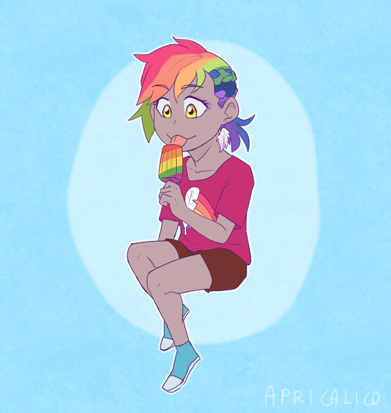 Size: 1280x1351 | Tagged: artist:feellikeaplat, braid, clothes, cloths, converse, cute, derpibooru import, ear piercing, earring, food, full body, hippogriff, human, humanized, humanized oc, interspecies offspring, jewelry, magical lesbian spawn, multicolored hair, oc, oc:rainbow feather, offspring, parent:gilda, parent:rainbow dash, parents:gildash, piercing, popsicle, rainbow hair, safe, shoes, solo, tanned