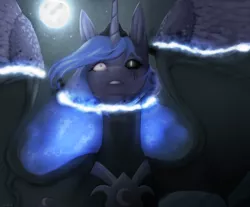 Size: 2000x1658 | Tagged: safe, artist:lastaimin, derpibooru import, nightmare moon, princess luna, alicorn, pony, black sclera, female, full moon, heterochromia, magic, mare, moon, night, solo, transformation